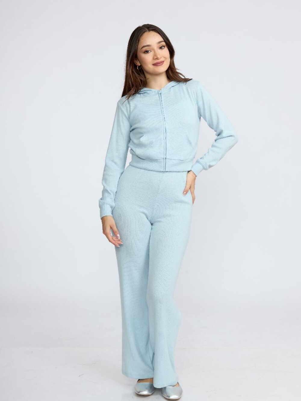 Women’s 3-Piece Lounge Set, Zip-Up Hoodie, Tank Top & Wide Leg Pants, Light Blue